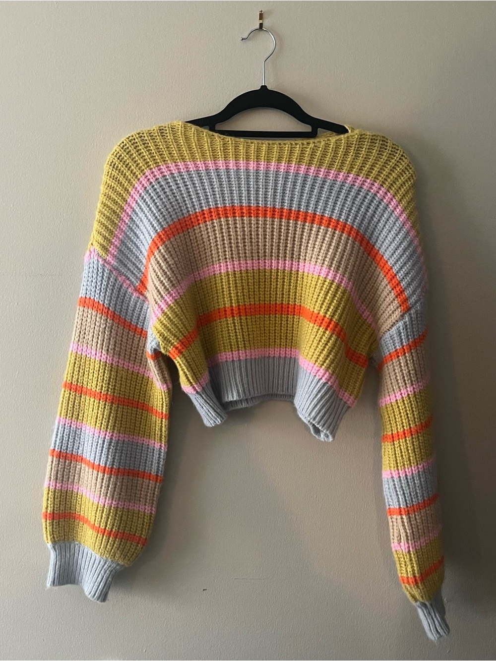Cropped Striped Knit Sweater with Balloon Sleeves